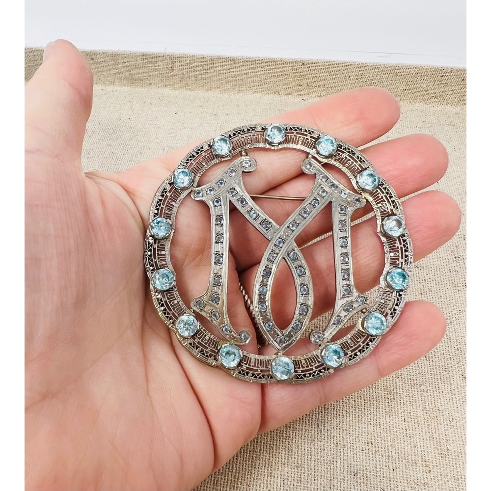 Art Deco 14k White Gold Frame Blue Stone Filigree Design Monogram "M" Brooch - Picture 4 of 13